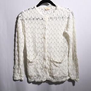 VTG Pointelle Knit Co Ivory White Button Up Cardigan Sweater Pockets Cottage Gma